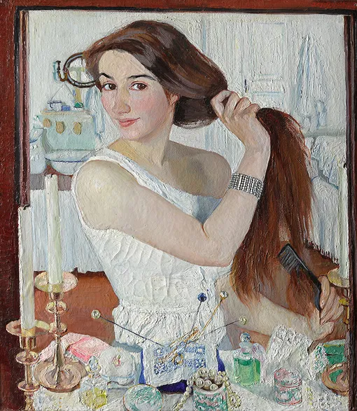 Зинаида Серебрякова. «За туалетом. Автопортрет». 1909. Холст на картоне, масло. Государственная Третьяковская галерея Зинаида Серебрякова. «За туалетом. Автопортрет». 1909. Холст на картоне, масло. Государственная Третьяковская галерея