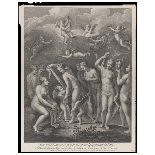 Гера, Афродита и Афина готовятся к конкурсу красоты перед Парисом (гравюра, ок. 1729)