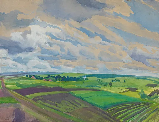 Зинаида Серебрякова. «Пейзаж. Село Нескучное Курской губернии». 1916. Бумага верже на картоне, темпера. Государственная Третьяковская галерея Зинаида Серебрякова. «Пейзаж. Село Нескучное Курской губернии». 1916. Бумага верже на картоне, темпера. Государственная Третьяковская галерея