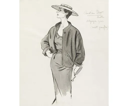 Эскиз Марселя Фроменти платья и куртки для Christian Dior. Карандашный рисунок. Франция Эскиз Марселя Фроменти платья и куртки для Christian Dior. Карандашный рисунок. Франция
