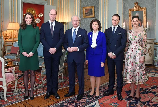 Кейт Миддлтон, принц Уильям, король Карл XVI Густав, королева Сильвия, принц Даниэль и кронпринцесса Швеции Виктория