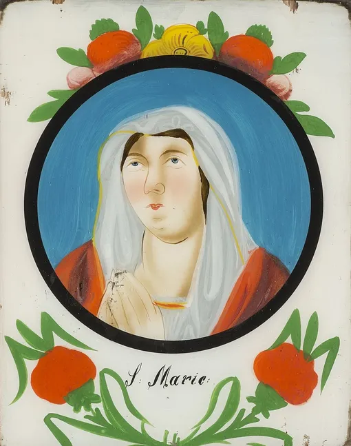 Дева мария (конец XIX века). Анонимный художник. Германия, Бавария, Обераммергау (стекло, масло или гуашь) Дева мария (конец XIX века). Анонимный художник. Германия, Бавария, Обераммергау (стекло, масло или гуашь)