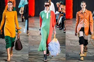 Накладные воротнички из кожи, уютные свитеры и вязаные брюки на показе Loewe, которые можно носить все сезоны подряд