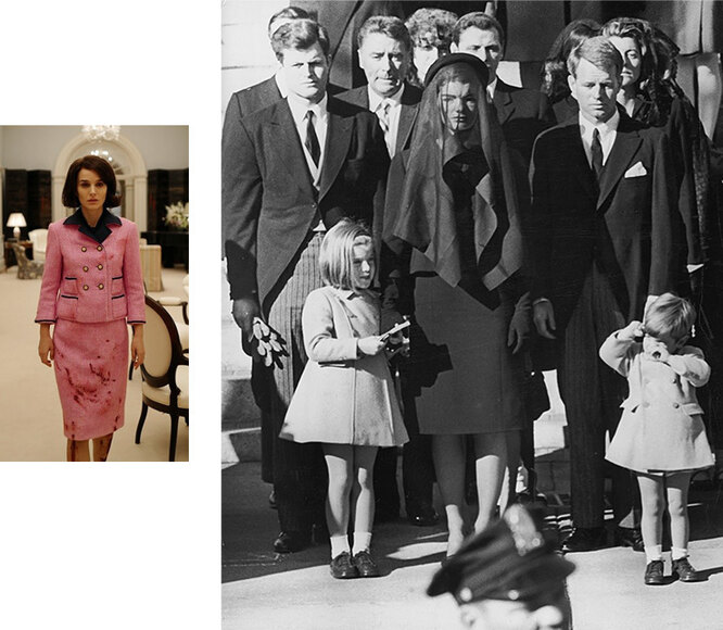 Розовый костюм Chanel, 1963 год; Жаклин Кеннеди с детьми, Эдвард Кеннеди, Роберт Кеннеди во время траурной церемонии, Вашингтон, 1963 год