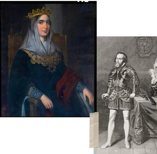 Королева Изабелла Кастильская (портрет художника Хосе Розы, 19 век); конкистадор Фернандо Кортес (гравюра, 19 век)