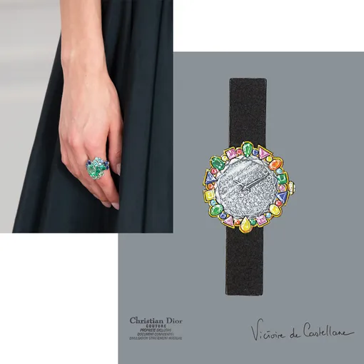КОЛЬЦО VERT TILLEUL, GEM DIOR, DIOR HAUTE JOAILLERIE; ЭСКИЗ К ЧАСАМ LA D DE DIOR COCOTTE, DIOR HORLOGERIE КОЛЬЦО VERT TILLEUL, GEM DIOR, DIOR HAUTE JOAILLERIE;