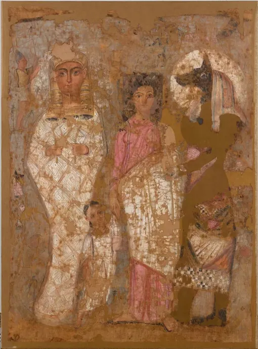 Пелена с изображением женщины, держащей за руку мальчика. Лен, грунт, клеевая краска.