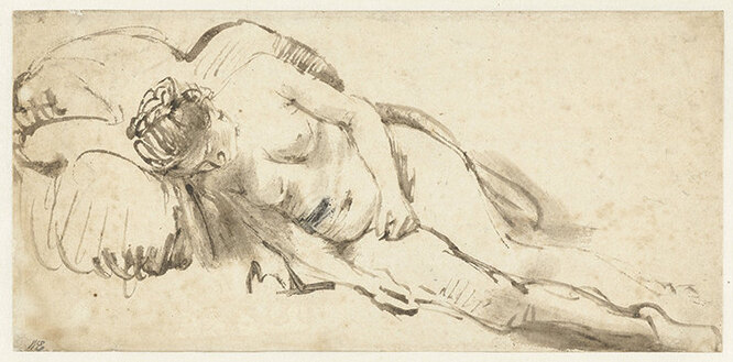 Nude Woman Resting on a Cushion, Rembrandt Harmensz. van Rijn, c. 1658