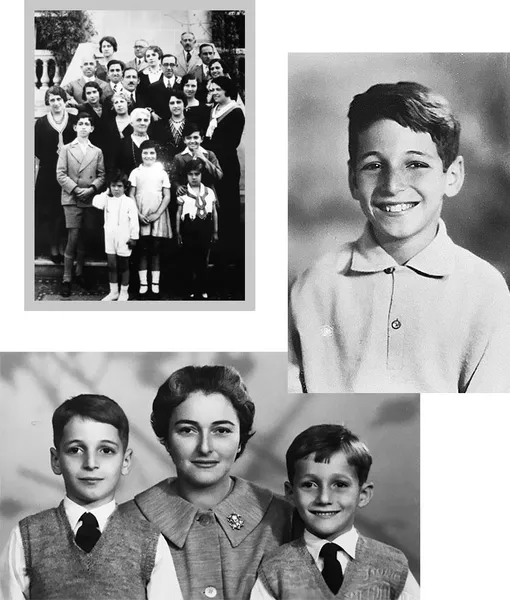 По часовой стрелке: Семья Асиман в Александрии; Андре Асиман; Андре с братом и матерью Региной