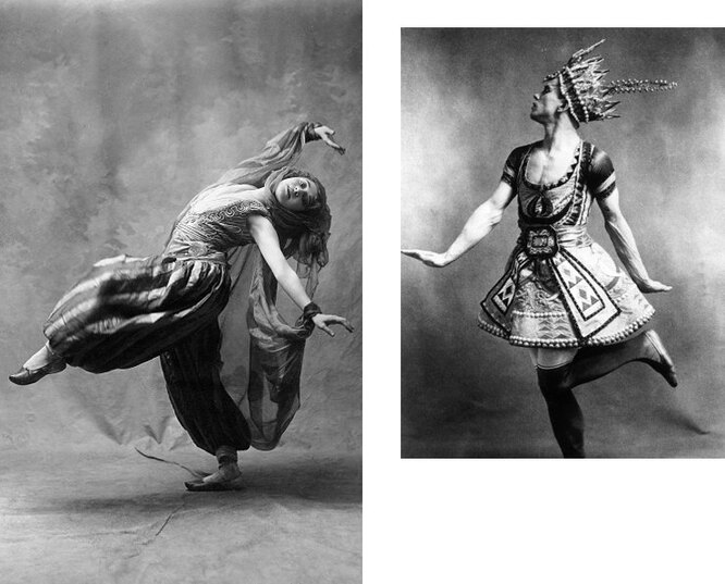 Слева: балет «"Шехеразада", 1912 год; справа: Вацлав Нижинский в балете "Голубой (Синий) бог" Р. Ана, 1912 год