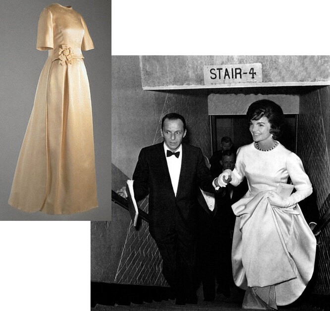 Вечернее платье из шелкового атласа Олега Кассини Жаклин Кеннеди надела во время торжественного ужина в ночь перед инаугурацией, 1961 год