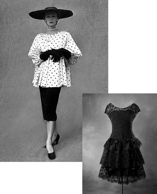 МОДЕЛЬ В ШЛЯПЕ, БЛУЗЕ И ЮБКЕ BALENCIAGA, 1951; ПЛАТЬЕ ИЗ ЧЕРНОГО КРУЖЕВА BALENCIAGA, 1963