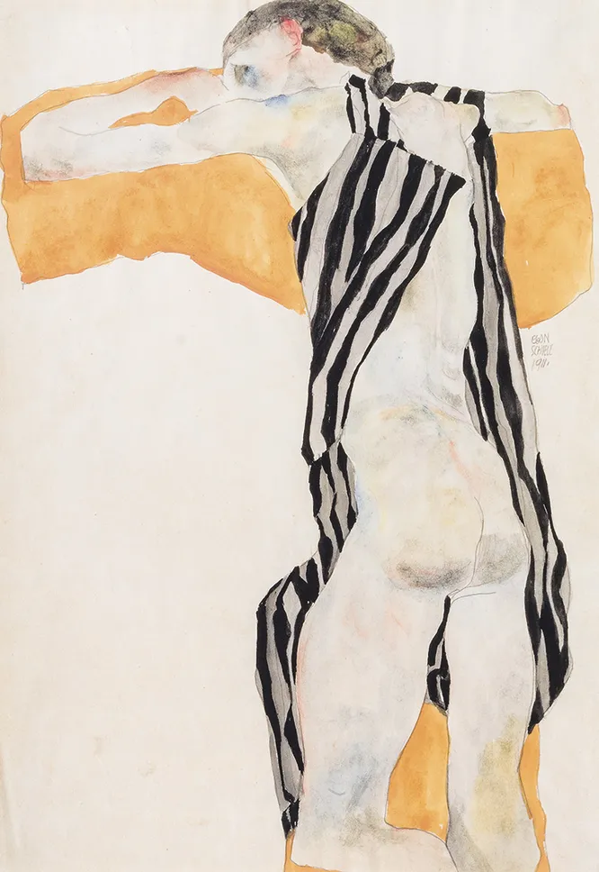 Egon Schiele, Reclining Nude Girl in Striped Smock, 1911
