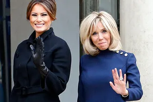 Мелания Трамп и Брижит Макрон в элегантных монохромных нарядах в Париже