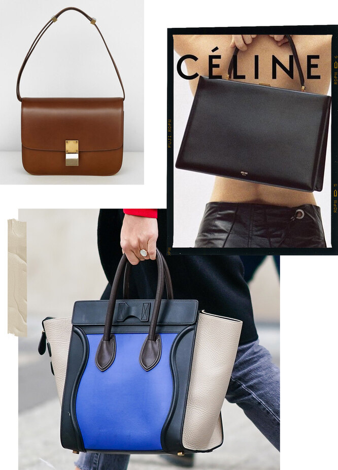 Сверху вниз по часовой стрелке: Сумка Box в лукбуке Celine Resort 2010; Сумка Clasp в рекламной кампании Celine весна-лето 2017; Сумка Celine Micro Luggage