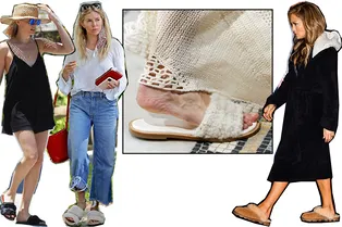 Пушистые домашние тапочки в качестве уличной обуви — большой тренд нового года