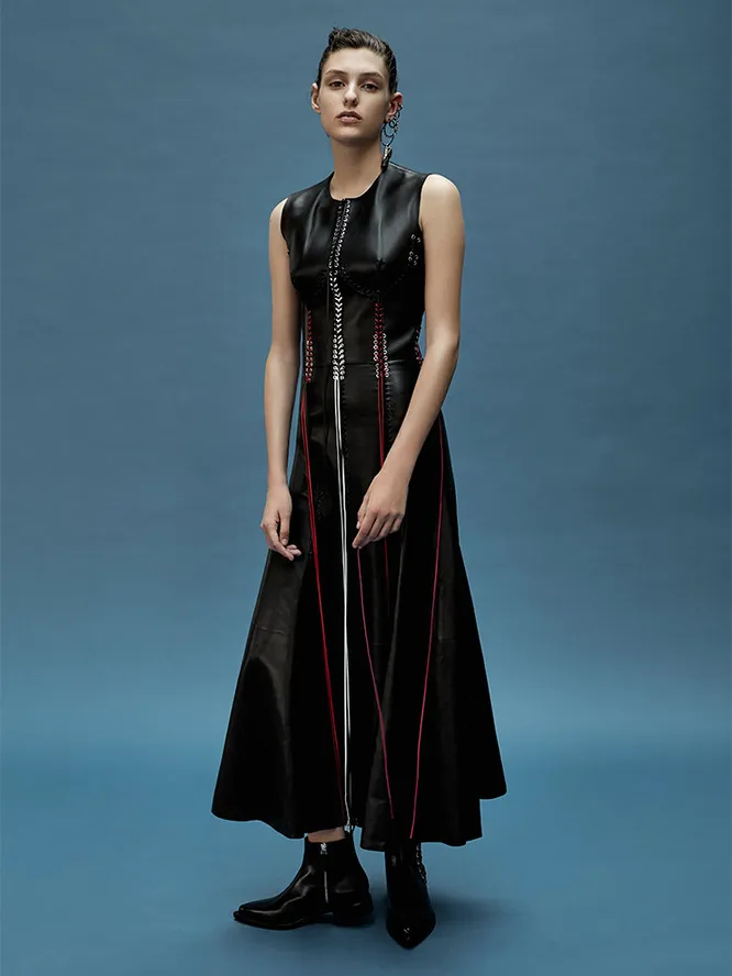 Кожаные платья (платье, ботильоны и серьга, Alexander McQueen)
