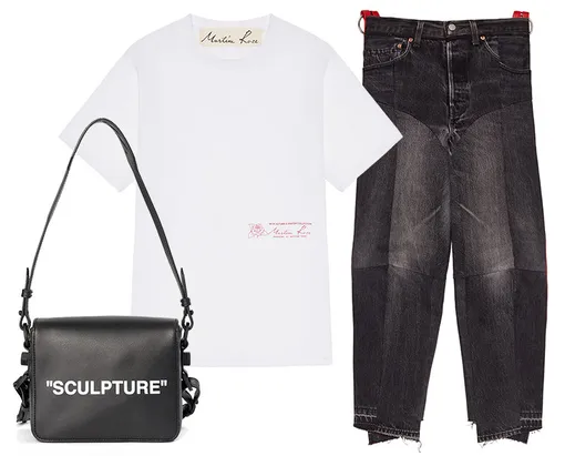Сумка, Off-White; джинсы, Vetements; футболка, Martine Rose