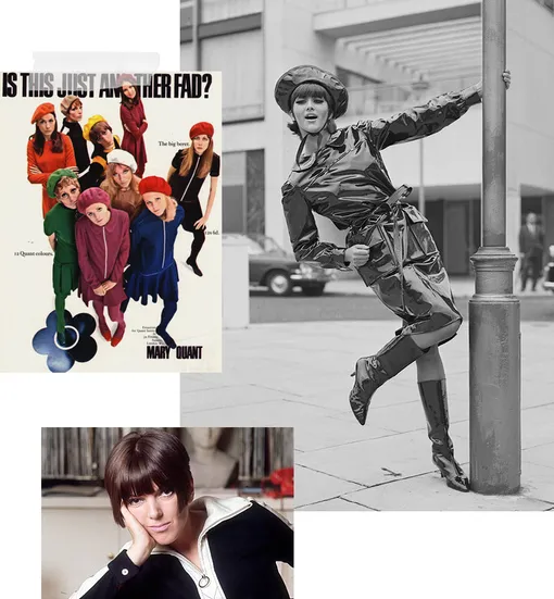 Реклама Mary Quant, 60-е; Мэри Куант, 1965; модель в макинтоше Mary Quant, 1963