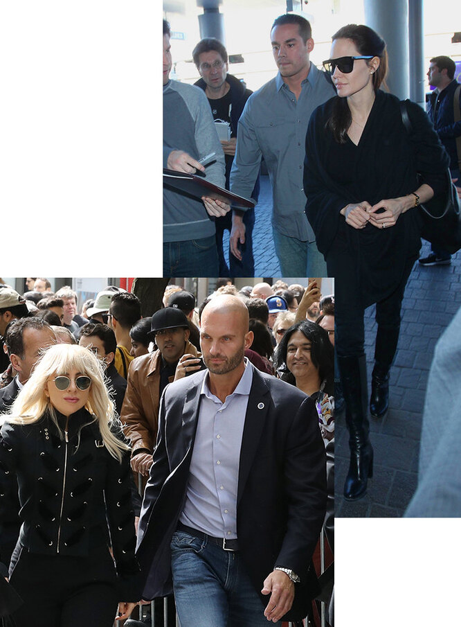 Леди Гага с телохранителем Петером Ван дер Веном («изменник» потом ушел к Адель) и Анджелина Джоли с подтянутым симпатягой
