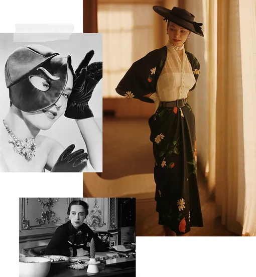 Шляпка Schiaparelli с брошью Van Cleef & Arpels, 1949; Эльза Скиапарелли, 1937; модель в платье с цветочным принтом Schiaparelli, 1952 Шляпка Schiaparelli с брошью Van Cleef & Arpels, 1949; Эльза Скиапарелли, 1937; модель в платье с цветочным принтом Schiaparelli, 1952