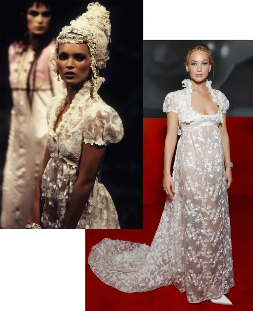Кейт Мосс на показе Givenchy Haute Couture осень-зима 1996; Дженнифер Лоуренс в платье Givenchy 1996 года на вечеринке после «Оскара»-2024
