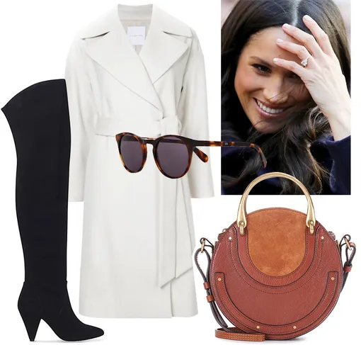 Сапоги KURT GEIGER, 17 674 руб.; пальто Line The Label; очки FINALY & CO., 9 277 руб.; сумка CHLOÉ, 89 629 руб.