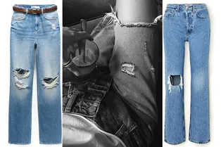 Новый микротренд осени — широкие джинсы с прорезями