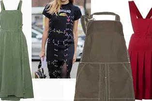 Как носить платье-фартук осенью: 12 моделей из джинсы, винила и вельвета