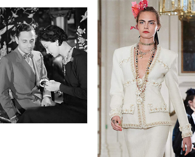 Коко Шанель и итальянский ювелир Фулько ди Вердура, 1937 год; деталь показа Chanel Métiers d'Art 2016/17