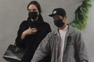 Анджелина Джоли в беспроигрышном комбо с классическими брюками и пальто с воротником-стойкой проводит день рождения Брэда Питта