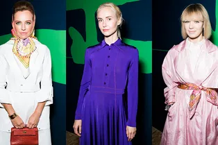 Вика Газинская, Ольга Карпуть и Виктория Шелягова на открытии выставки «Hermès. За кулисами»