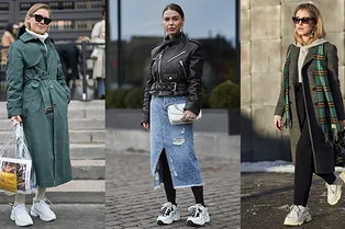 Как носить кроссовки с пальто, тренчем и косухой
