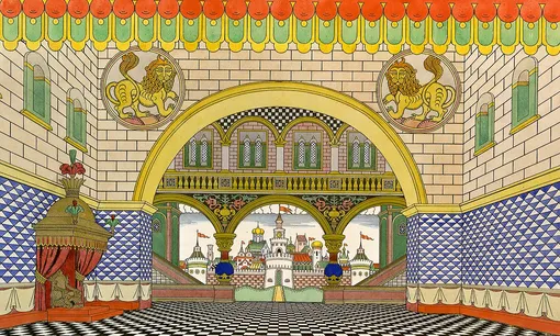 Иван Билибин, «Палаты Дадона». Эскиз декорации к первому действию оперы Римского-Корсакова «Золотой петушок» (1909)