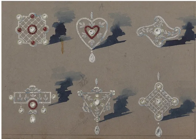 Эскиз бриллиантовых подвесок и брошей с рубинами и демантоидами. Торговый дом Фаберже, Москва. 1900-е. Картон, гуашь.