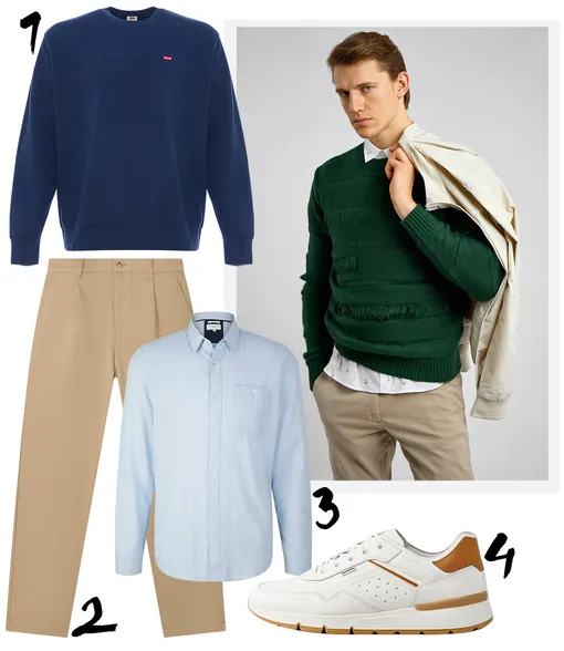 Пуловер Levi’s, брюки Marco di Radi, cорочка Tom Tailor, кроссовки Nero Giardini