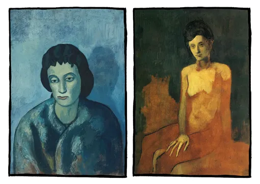 Пабло Пикассо – Женщина с чёлкой , 1902 год (слева); Сидящая обнаженная, 1905 год (справа)