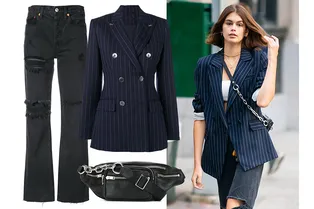 Носим рваные джинсы-трубы с блейзером и бандо, как Кайя Гербер