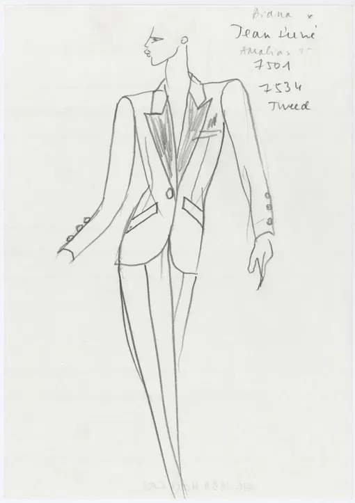 Эскиз женского смокинга Yves Saint Laurent для кутюрной коллекции осень-зима 1999 год Эскиз первого женского смокинга Yves Saint Laurent, 1996 год