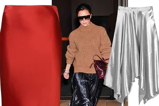 10 атласных юбок, чтобы носить их с уютными джемперами и выглядеть как Виктория Бекхэм