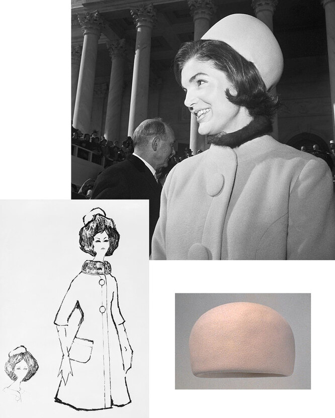 Справа: эскиз костюма Олега Кассини для церемонии Инаугурации, 20 января 1961 года; слева: шляпка-таблетка Bergdorf Goodman