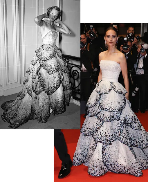 Модель в вечернем платье Junon, Dior Haute Couture осень-зима 1949; Натали Портман в ремейке кутюрного платья Dior Junon на Каннском кинофестивале, 2023 Модель в вечернем платье Junon, Dior Haute Couture осень-зима 1949; Натали Портман в ремейке кутюрного платья Dior Junon на Каннском кинофестивале, 2023