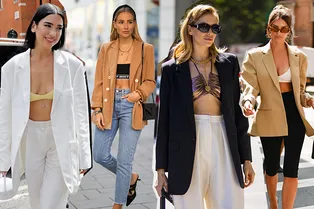 Этим летом носим бельевые топы с «мужскими» жакетами, как Кайя Гербер и другие модницы