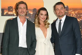 Марго Робби, Леонардо ДиКаприо и Брэд Питт на премьере фильма «Однажды в Голливуде»