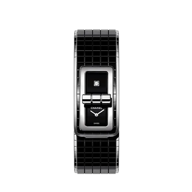 Code Coco. Steel and black ceramic case. Steel bezel set with 52 brilliant-cut diamonds. Black lacquered dials, one set with one princess-cut diamond. Steel and black ceramic bracelet. High precision quartz movement. Water resistance: 30 meters. Dimensions: 38.1 x 21.5 mm. Diamonds: ~0.63 ct.