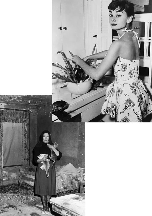 Слева направо: Литтл Эдди со своими кошками в полуразрушенном особняке «Cерые сады» в Ист Хэмптоне, Нью-Йорк, 1975 год; Одри Хепберн собирает букет на кухне своей квартиры в Нью-Йорке, 1954 год