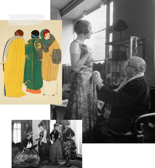 Эскиз Поля Пуаре, 1908; Поль Пуаре с моделью, 30е годы; Эскиз Поля Пуаре, 1908; Поль Пуаре с моделью, 30е годы;
