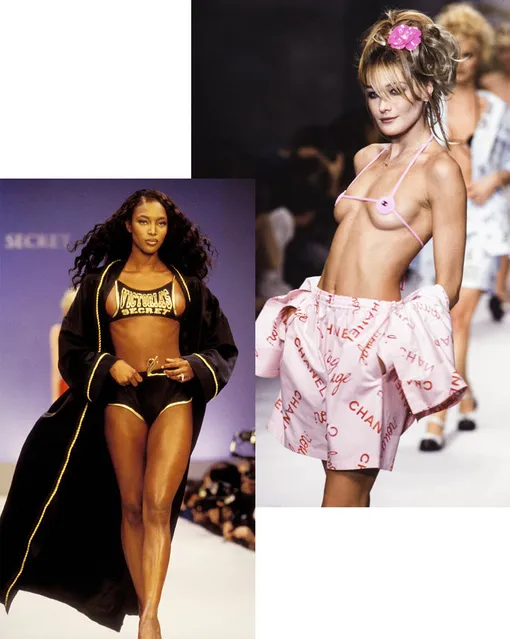 Наоми Кэмпбелл на шоу Victoria’s Secret в 1997 году; Карла Бруна на показе Chanel весна-лето 1996