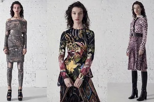 Платья как вторая кожа, шуба с коровьим принтом и пальто с экзотическими цветами в новой коллекции Roberto Cavalli