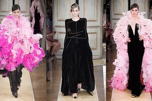 Шелковые костюмы, бархатные пальто и пончо из перьев в коллекции Giorgio Armani Privé